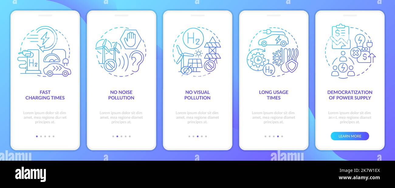 H2 fuel cells pros blue gradient onboarding mobile app screen Stock Vector