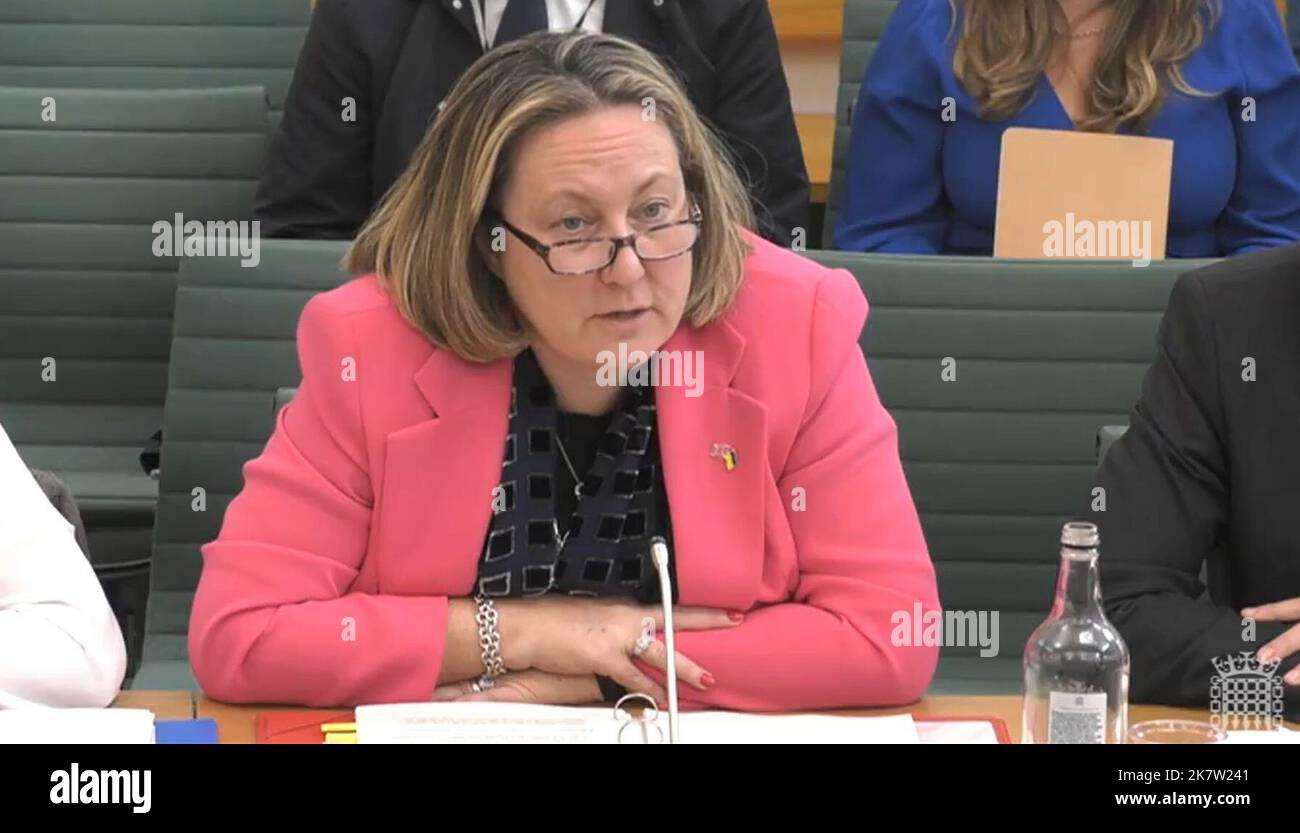 Transport Secretary Anne-Marie Trevelyan answering questions in front of the Transport Select Committee in the House of Commons, London, on the subject of Work of the Secretary of State for Transport. Picture date: Wednesday October 19, 2022. Stock Photo