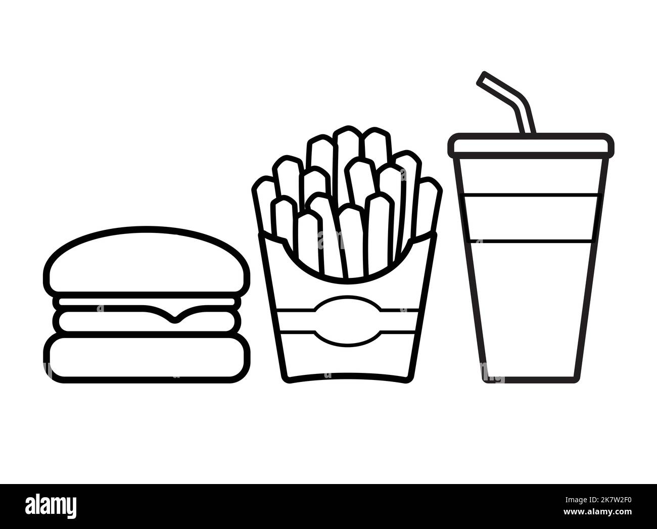 classic simple burger french fries and drink fast food line drawing ...