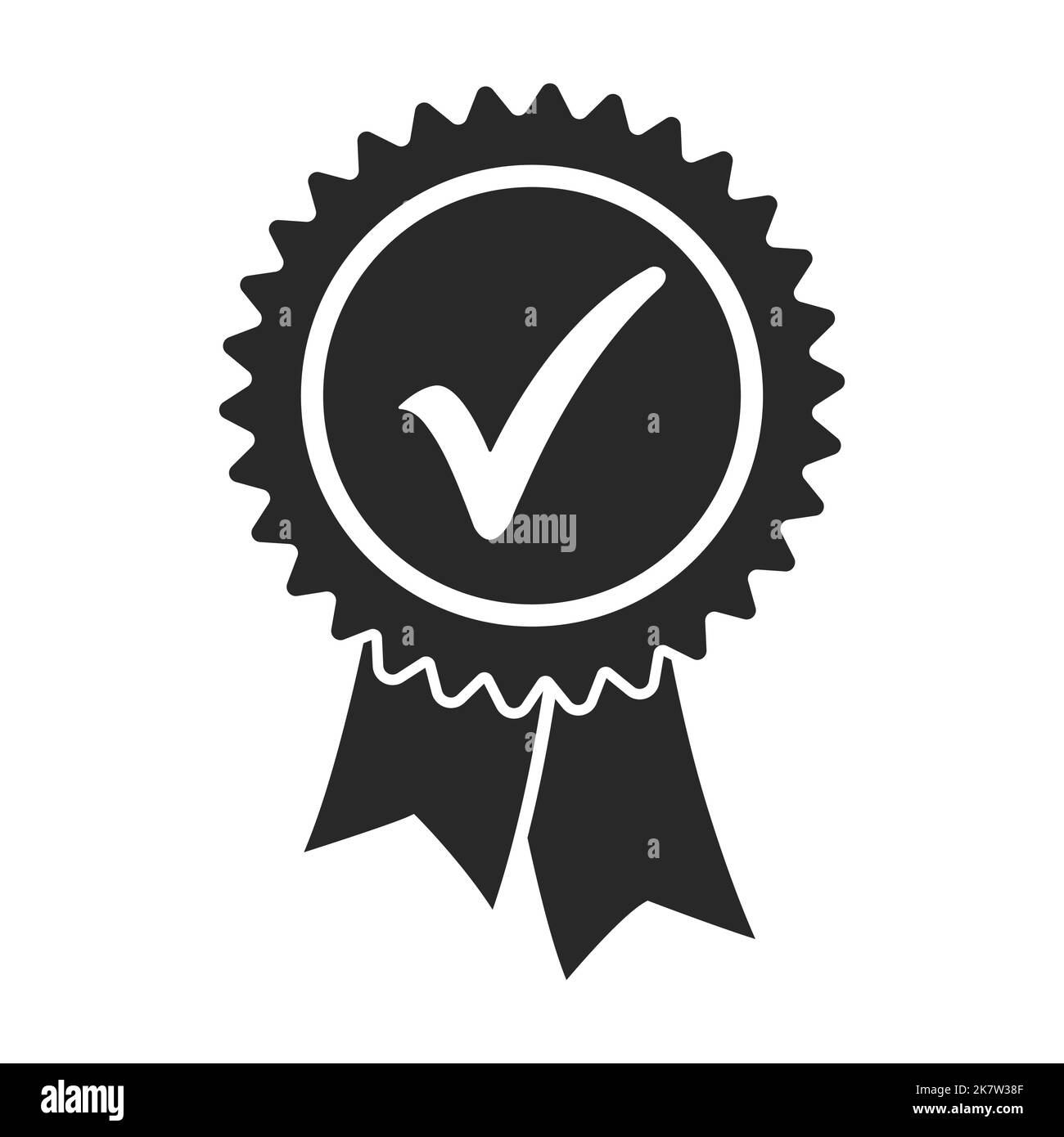 stylish tick check mark in stamp badge shape with ribbons isolated on