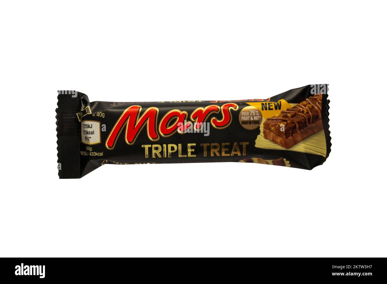Bar of new Mars Triple Treat chocolate bar fruit, nut & chocolate isolated on white background Stock Photo
