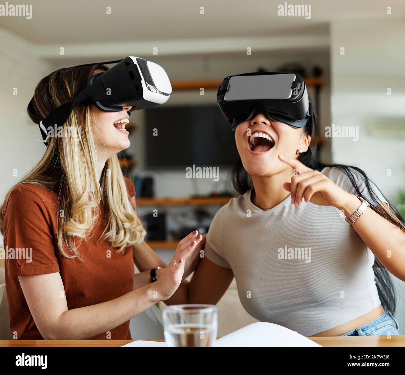 fun technology vr tech girl virtual innovation digital headset reality glass woman goggle female device entertainment video futuristic young modern Stock Photo