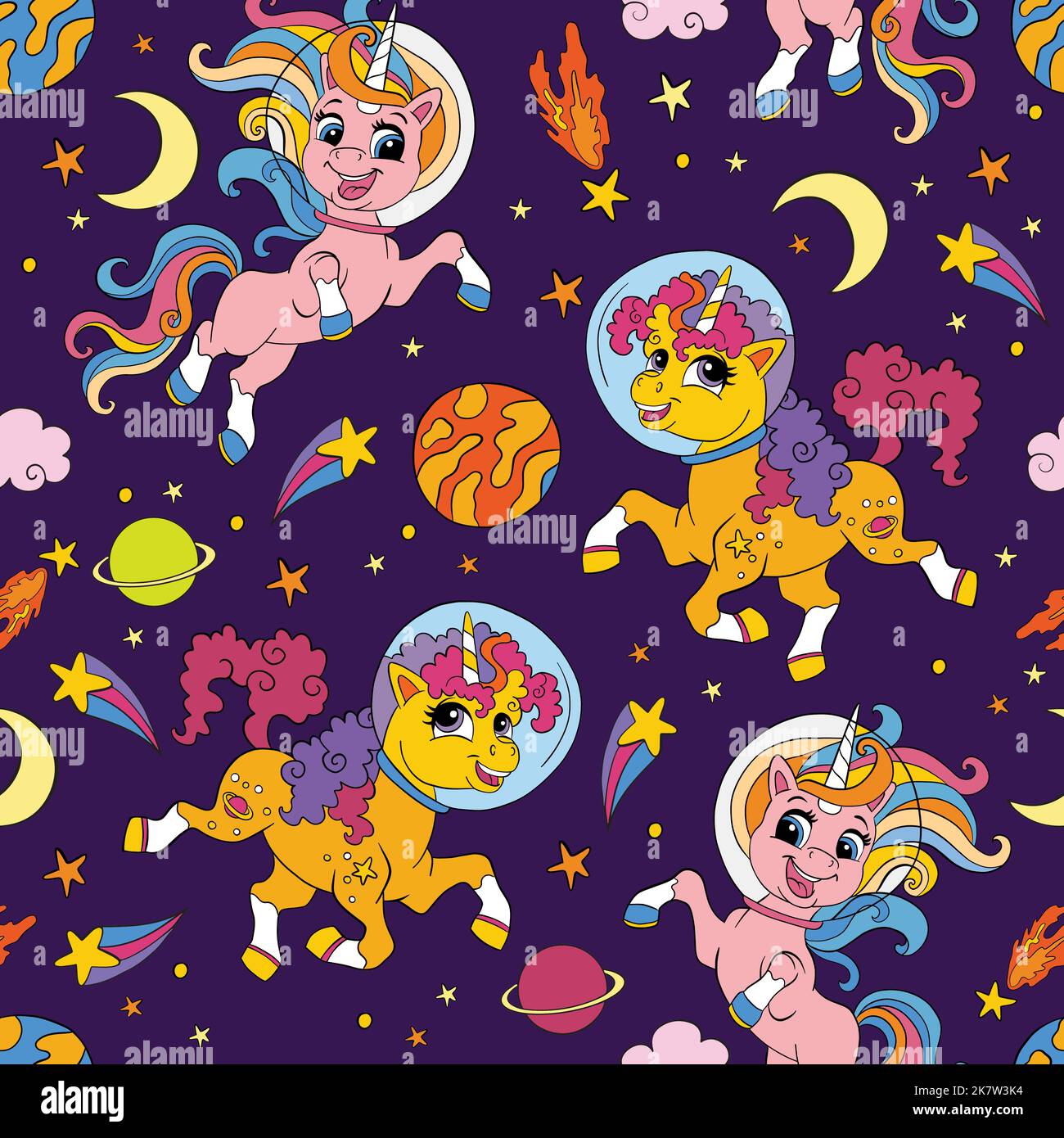 Seamless pattern with cute space unicorns with moon, stars and planets ...