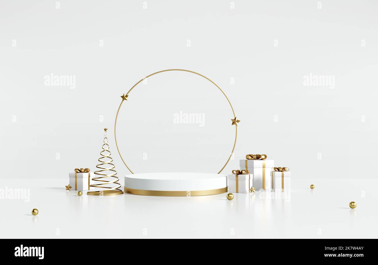 3D rendering white and gold product display stands with spiral ...