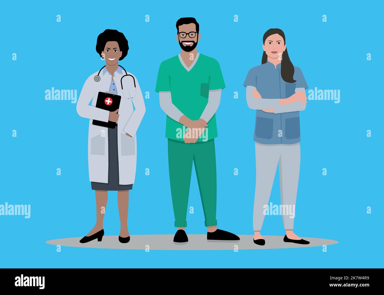Three doctors stand on a blue background, wearing different clothes. Stock Vector