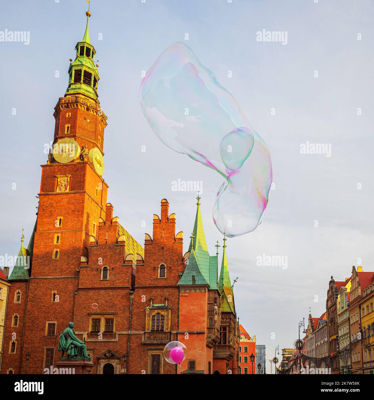 big soap bubble on an old european city tower background, travelling in old europe Stock Photo