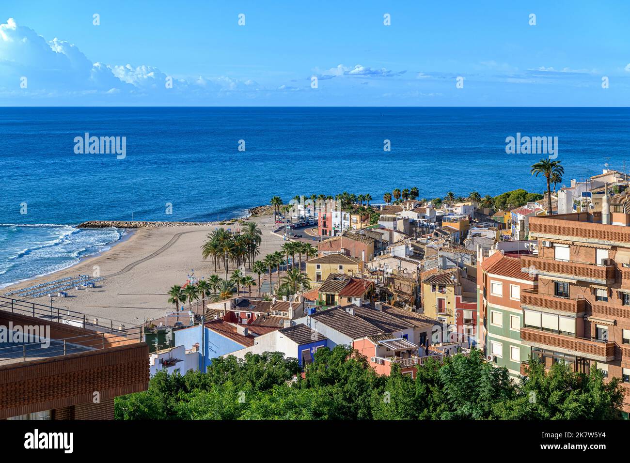 Looking down onto the colourful houses of La Villajoyosa (or La Vila Joiosa) on the Mediterranean. Known to the locals simply as La Vila. Stock Photo