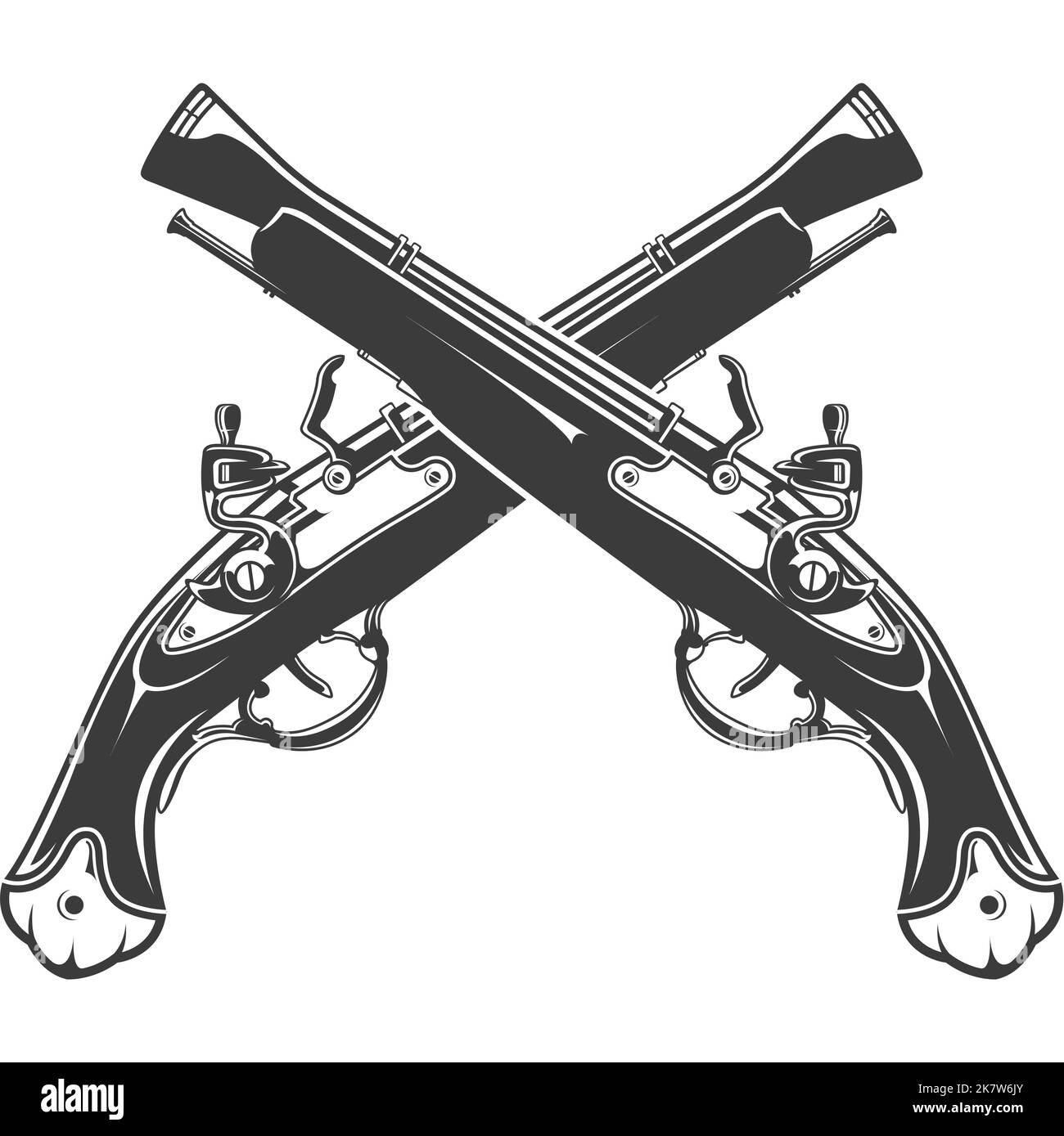Old pirate firelock musket, two vintage pistols, crossed guns emblem, vector Stock Vector