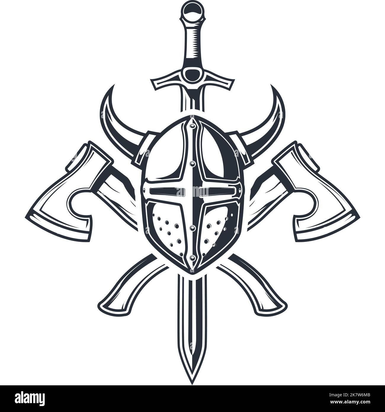 Knight crest with horned crusader helmet, crossed axes and sword, chivalry blazon, vector Stock Vector