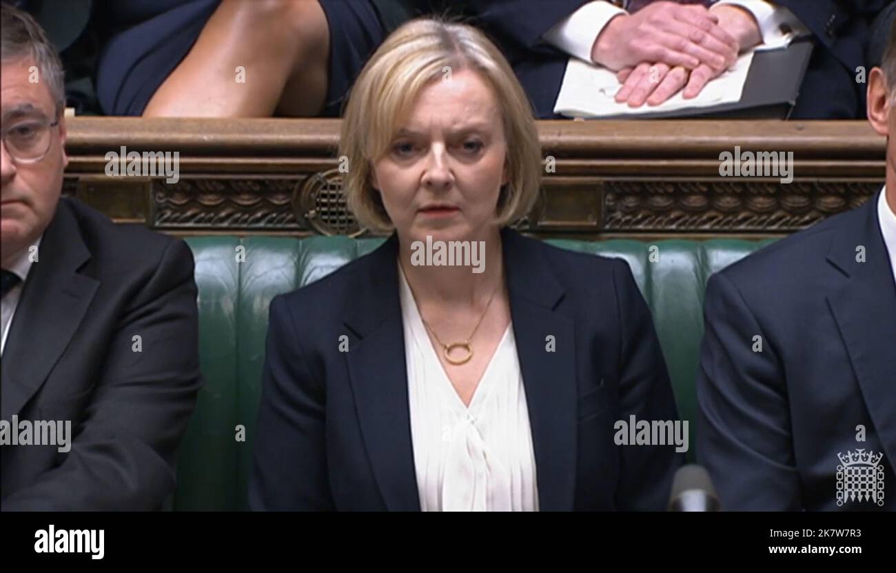 Prime Minister Liz Truss reacts during Prime Minister's Questions in the House of Commons, London. Stock Photo