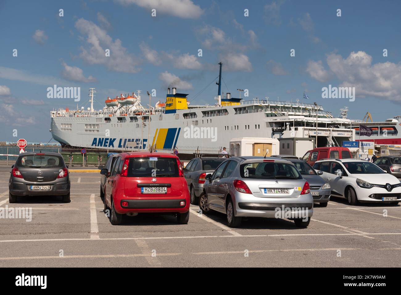 Port of Heraklion, Crete, Greece. 2022. Parked cars and an inter island ferry berthed in the