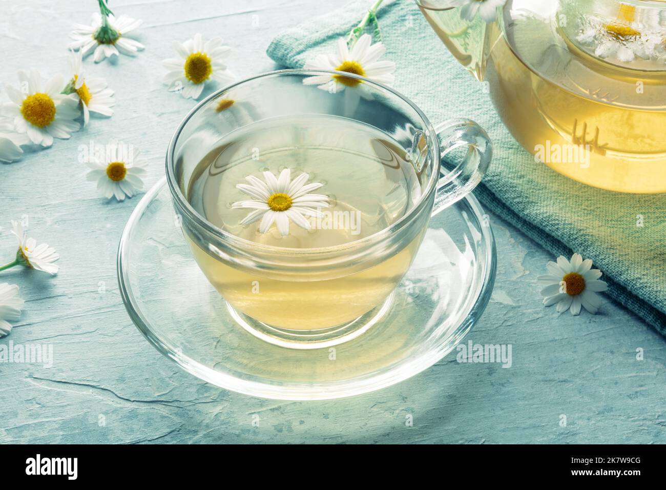 Camomile tea, floral infusion to heal and relax, natural treatment, organic tisane, with loose flowers Stock Photo