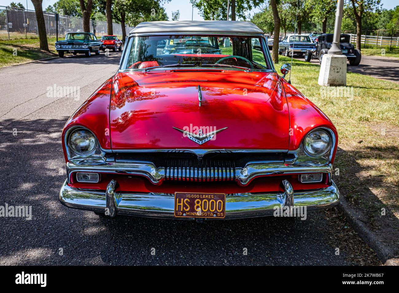 Falcon Heights, MN - June 19, 2022: High perspective front view of a 1955 Plymouth Belvedere Convertible at a local car show. Stock Photo