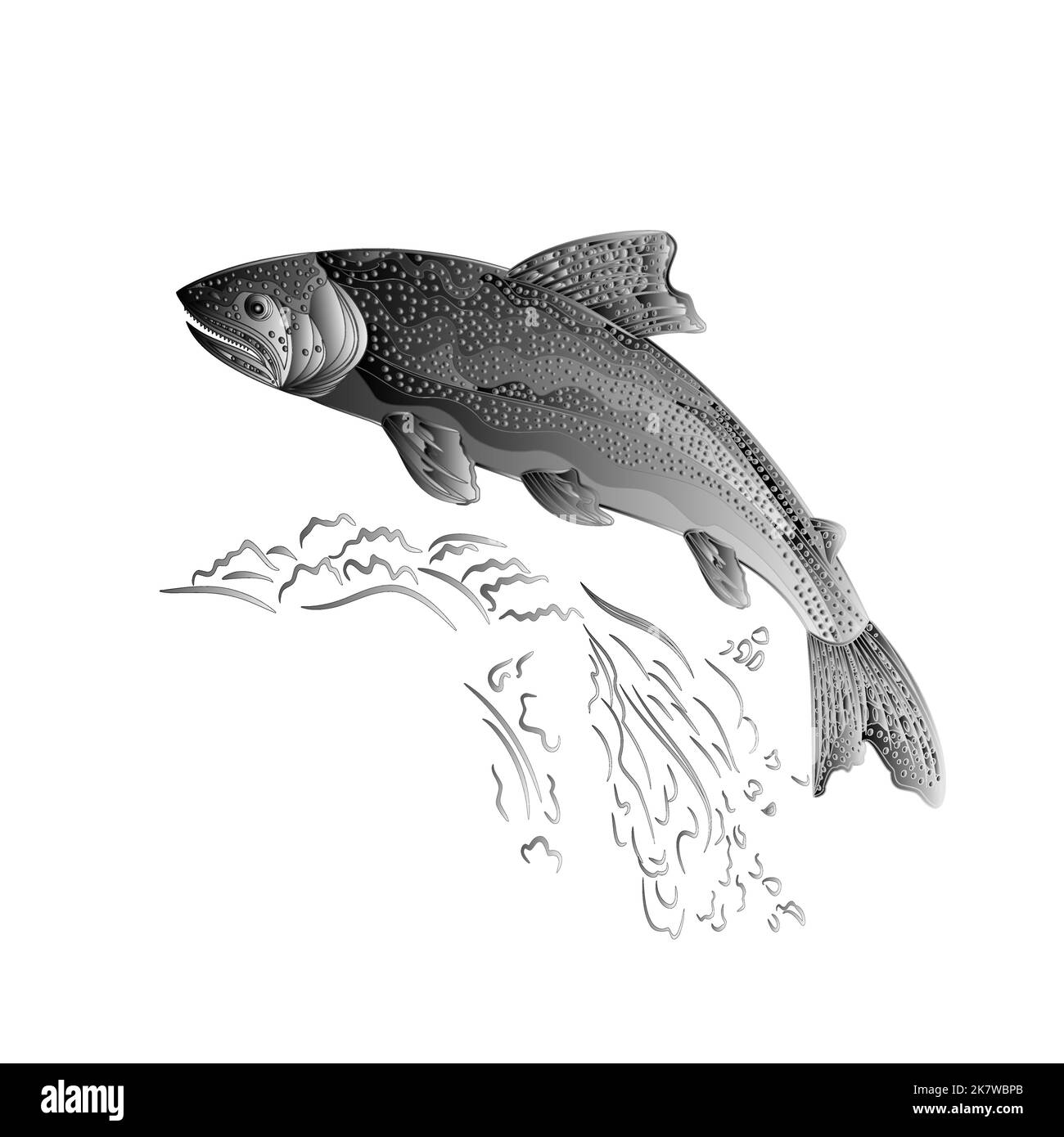 Trout jumps  in stream salmon-predatory fish as wrought metal vintage vector illustration Stock Vector