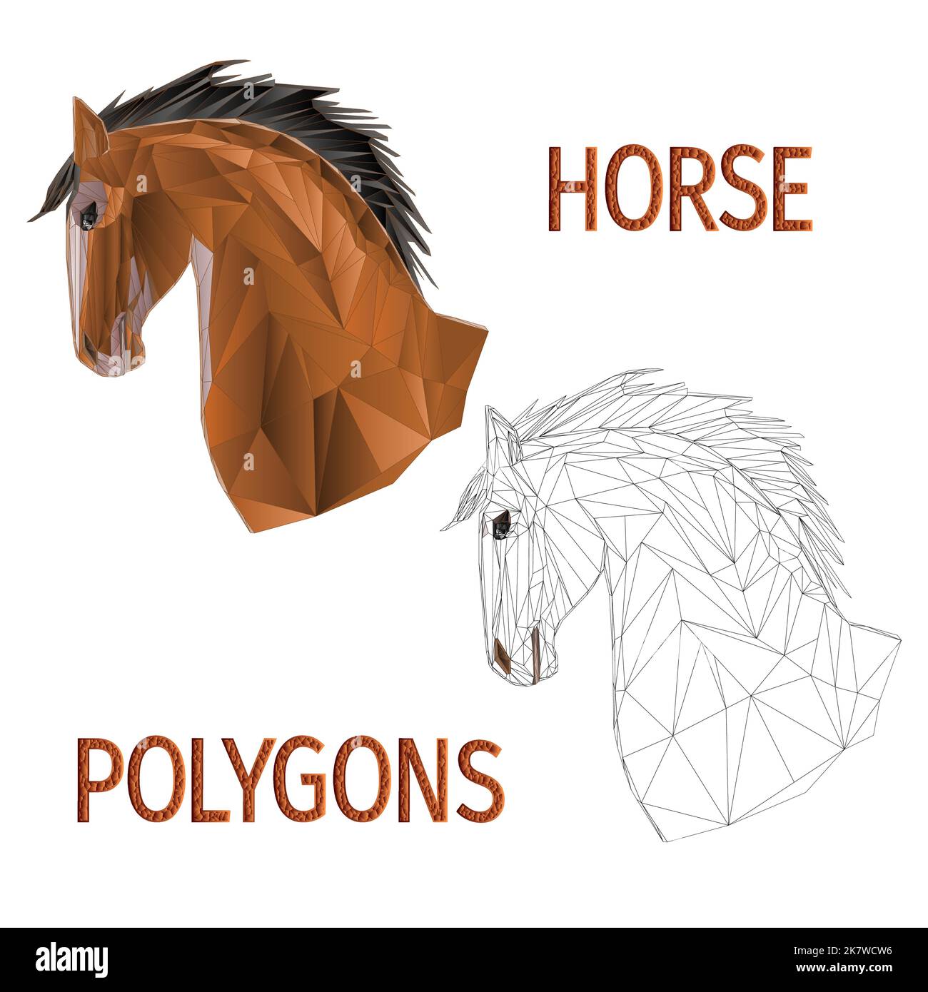 Brown horse head polygons coloured and outline vector illustration