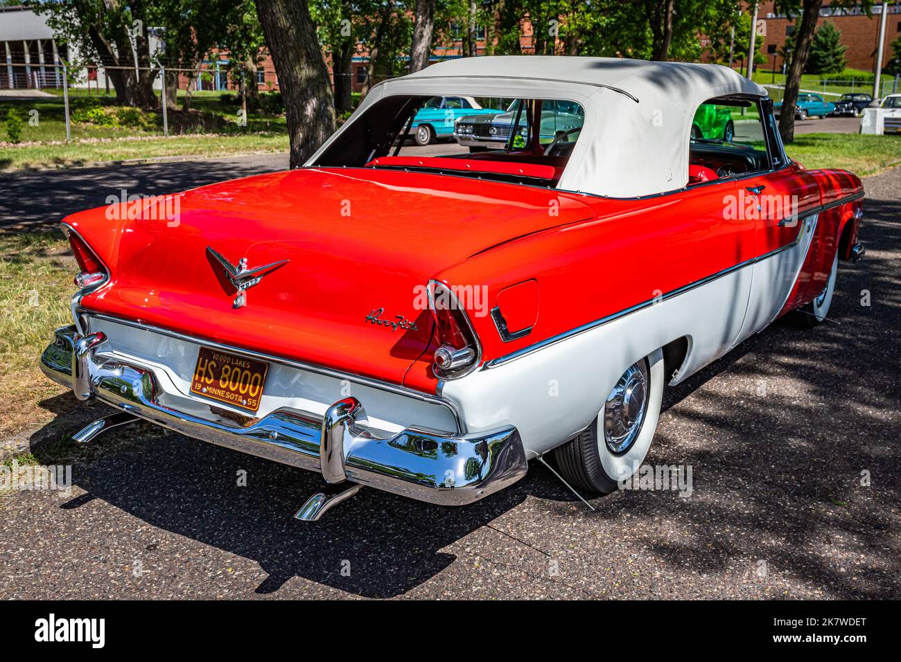 Falcon Heights, MN - June 19, 2022: High perspective rear corner view of a 1955 Plymouth Belvedere Convertible at a local car show. Stock Photo