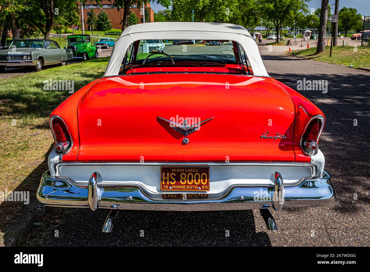 Falcon Heights, MN - June 19, 2022: High perspective rear view of a 1955 Plymouth Belvedere Convertible at a local car show. Stock Photo