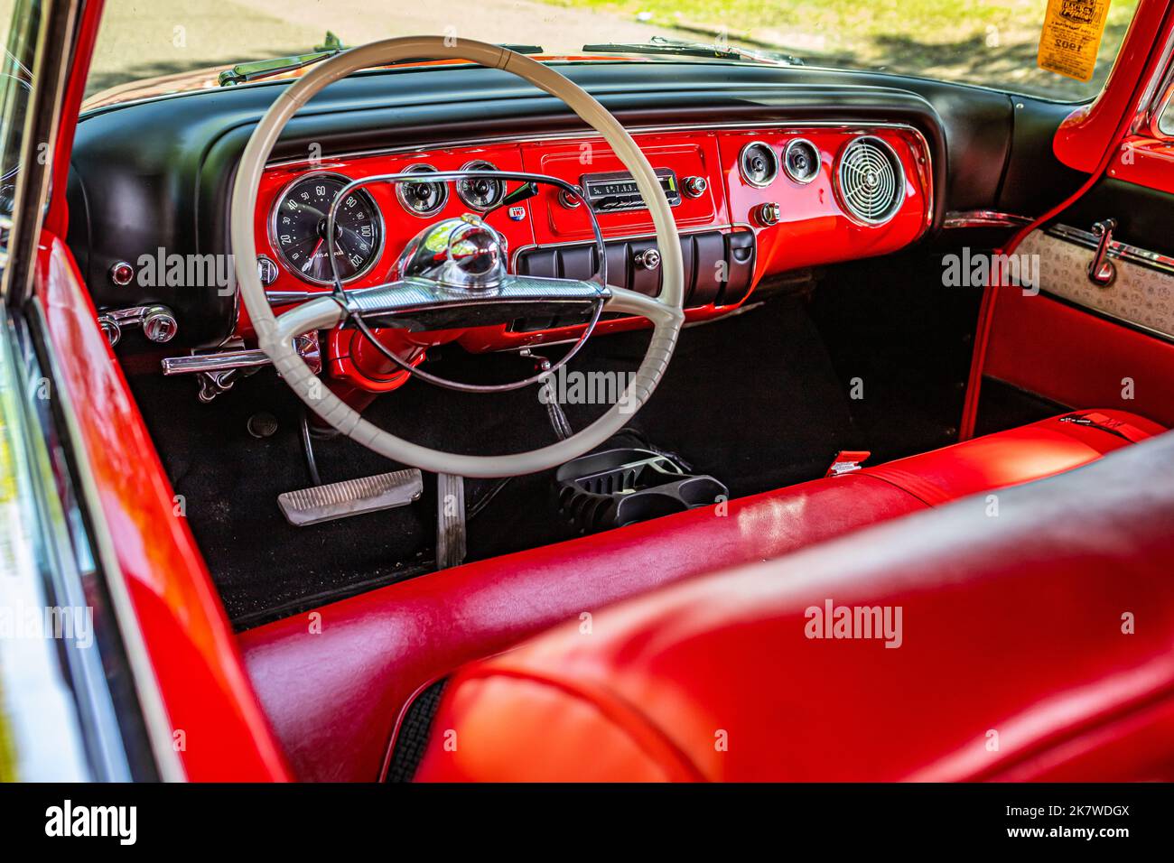 Falcon Heights, MN - June 19, 2022: Wide angle high perspective detail interior view of a 1955 Plymouth Belvedere Convertible at a local car show. Stock Photo