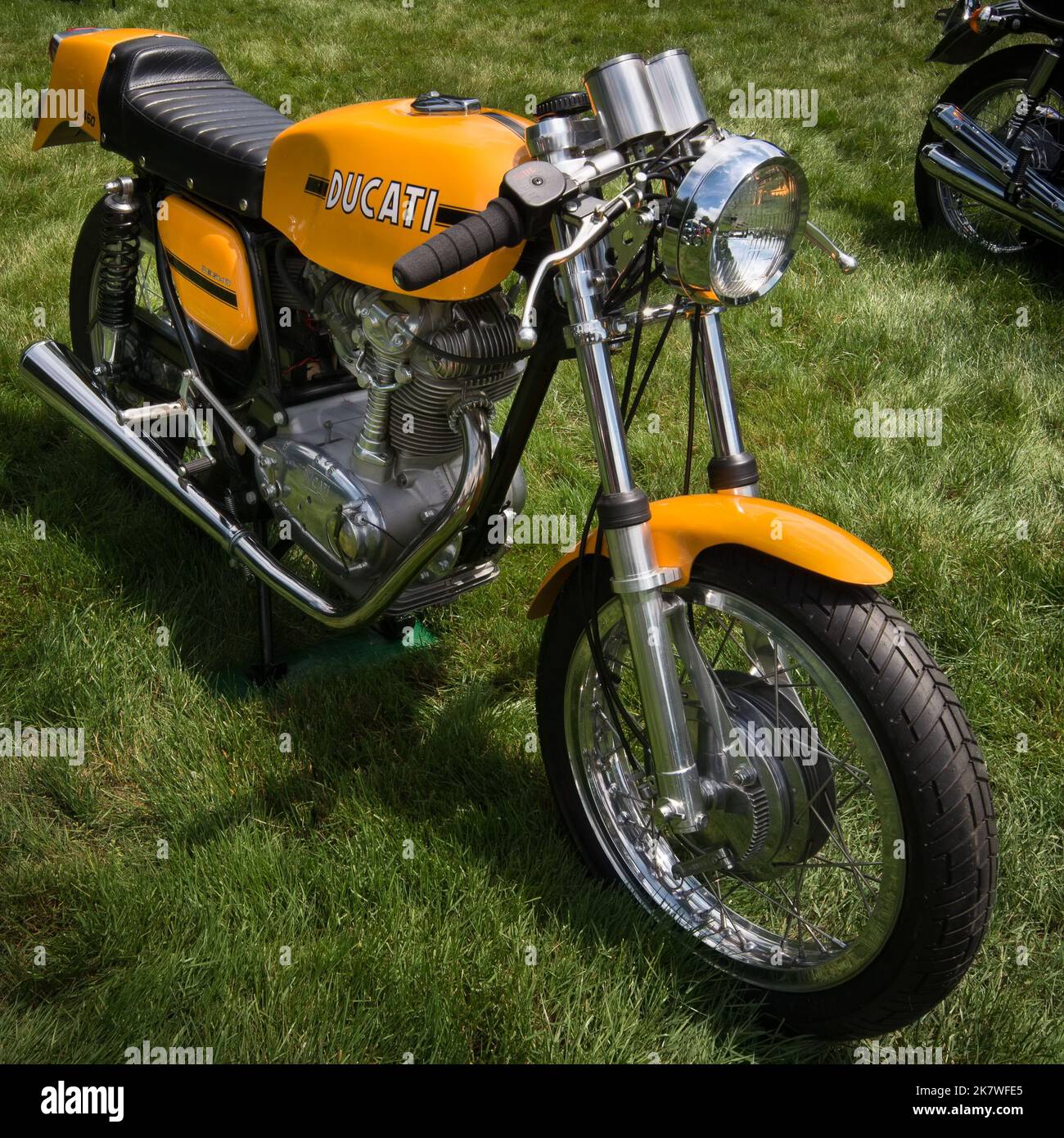 GROSSE POINTE SHORES, MI/USA - JUNE 16: A 1969 Ducati 450 cc Desmo motorcycle, EyesOn Design car show, Edsel & Eleanor Ford House, near Detroit. Stock Photo