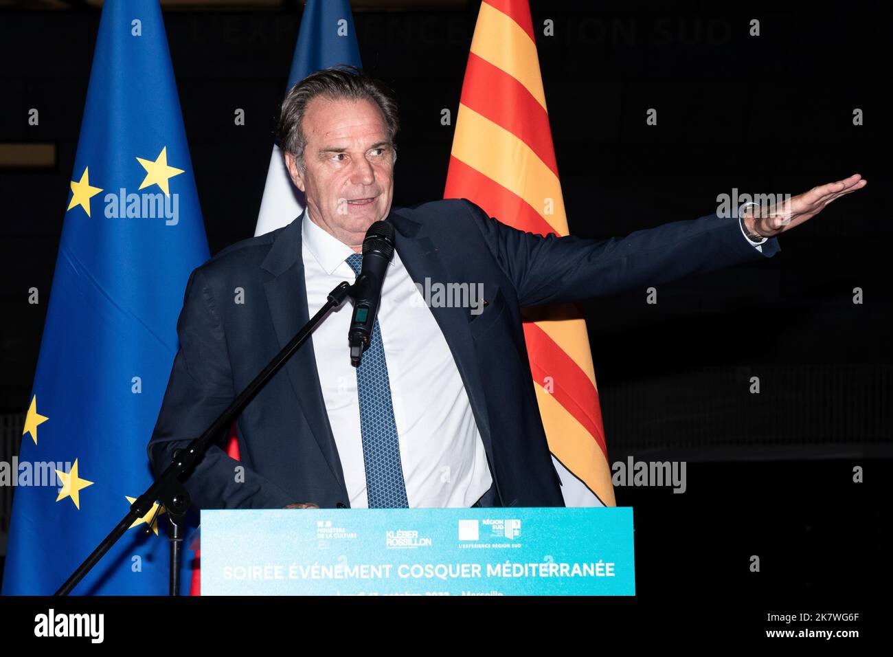 Marseille, France. 17th Oct, 2022. Renaud Muselier, President of the Region Sud speaks during the ceremony. On October 17, the Southern Region and the company Kleber Rossillon, which operates the replica of the Cosquer Cave, open since June 2022, celebrated the 350,000th visitor. Among them, more than 40% come from the Provence-Alpes-Cote-d'Azur region. Credit: SOPA Images Limited/Alamy Live News Stock Photo