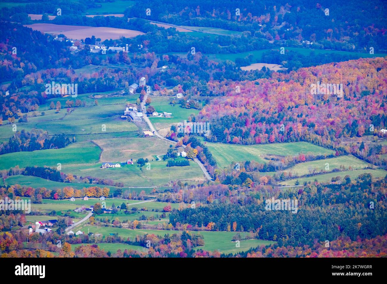 Views of farmland and autumn fall foliage colors from Mt. Mansfield