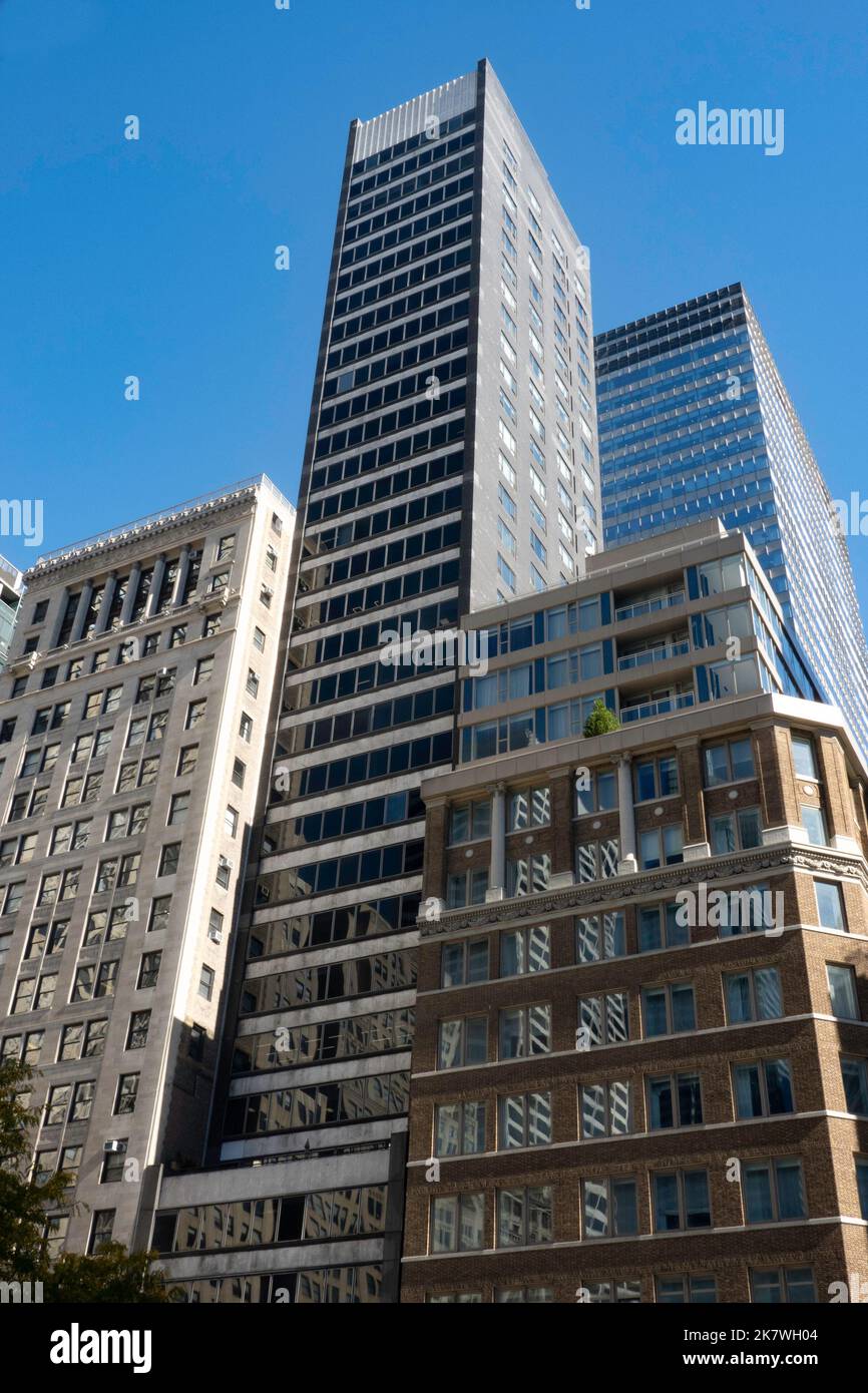 Buildings on Fifth Avenue as viewed from the New York Public Library entrance at 41st Street, USA Stock Photo