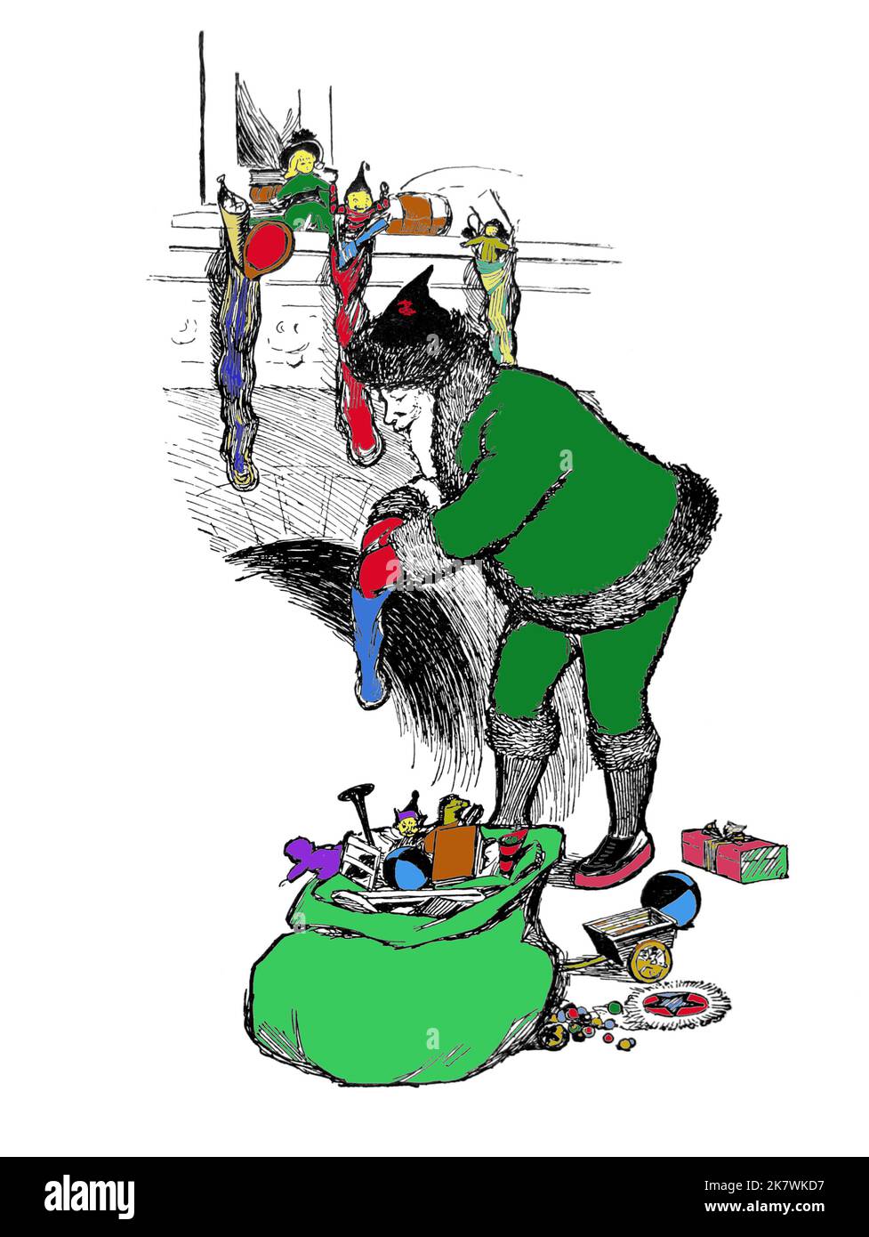 Colorful, Green Suit Santa with a bag of gifts, standing at the chimney where socks are hung. Old fashion, vintage illustration. Stock Photo