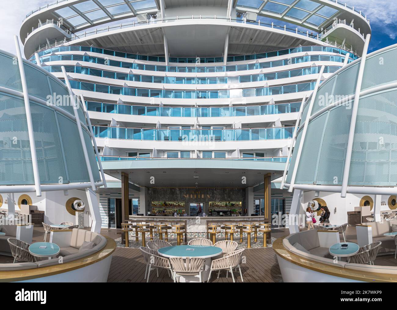 Marseille, France October 02, 2022: View of the outer deck at the back of the cruise ship Costa Smeralda. Stock Photo