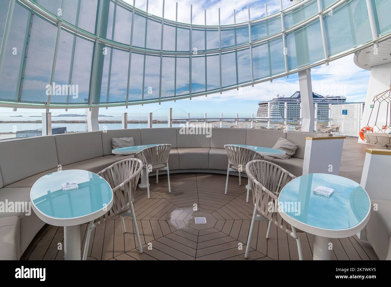 Marseille, France October 02, 2022: View of the outer deck at the back of the cruise ship Costa Smeralda. Stock Photo