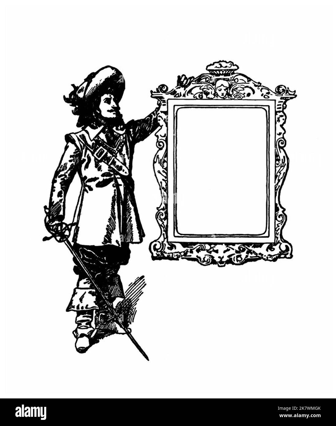 Musketeer drawing, next to an ornate frame wearing a cape, with fancy  hat, boots, and sword. black and white Stock Photo