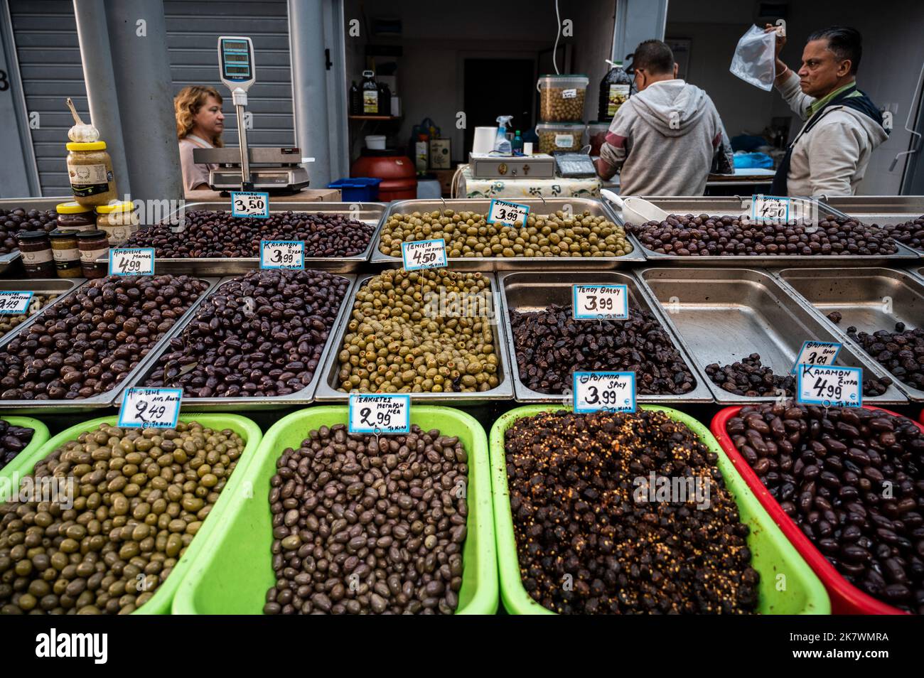 Olives at a stall in the Central Market of Athens Stock Photo - Alamy