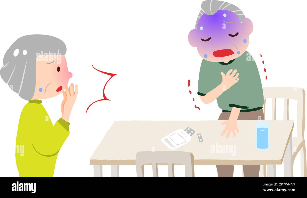 Illustration of an old man who has chest pain and holds his chest down