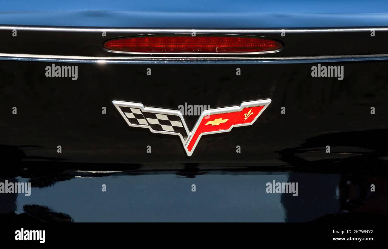 Samara, Russia - June 26, 2022: Closeup of Chevrolet Corvette logo on the car. Chevrolet is an american automobile manufacturer Stock Photo