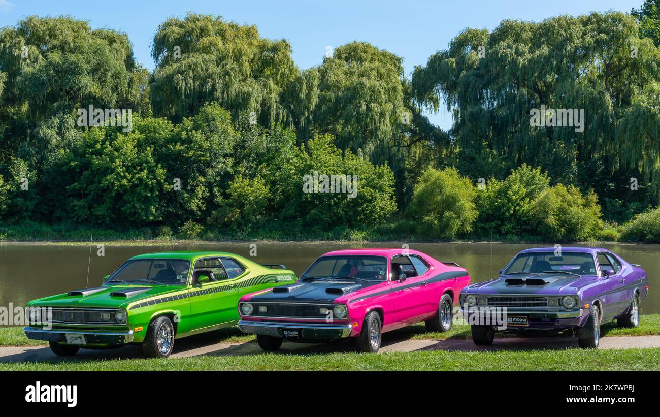 FRANKENMUTH, MI/USA - SEPTEMBER 8: A 1972 Plymouth Coyote Duster, 1971 Plymouth Duster, 1972 Dodge Demon, Frankenmuth Auto Fest. Stock Photo