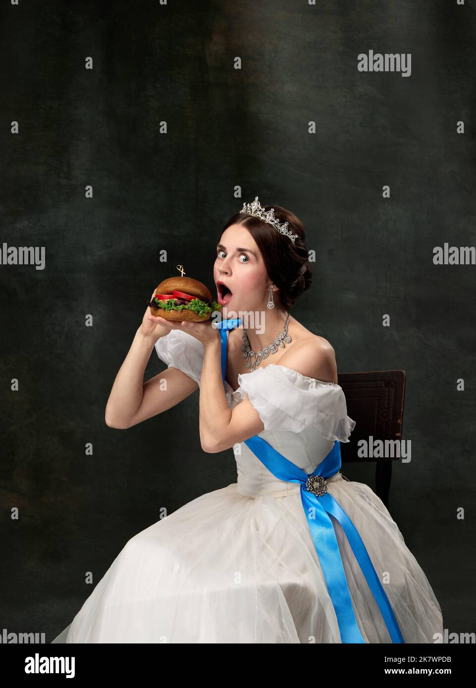 Very tasty. Emotional woman, royal person, queen or princess in white