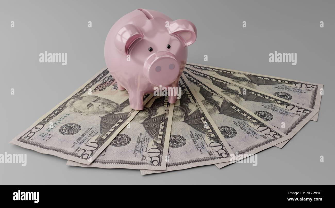 Piggy bank and 50 dollar bills - 3D illustration Stock Photo - Alamy