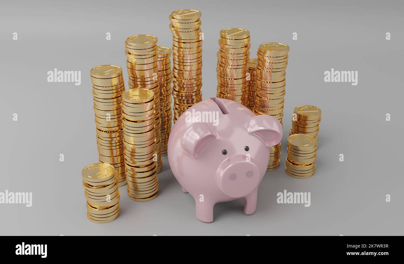 Piggy bank and golden coins - 3D illustration Stock Photo - Alamy