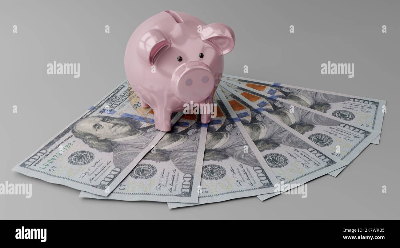Piggy bank and 100 dollar bills - 3D illustration Stock Photo - Alamy