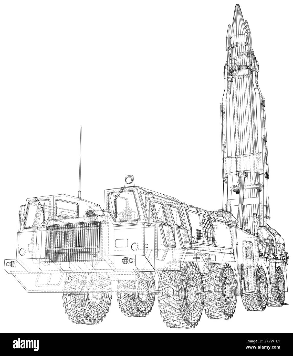 Army tractor with a rocket. Medium Range Ballistic Missile. Incendiary, thermobaric, strategic nuclear weapon. Vector created of 3d Stock Vector