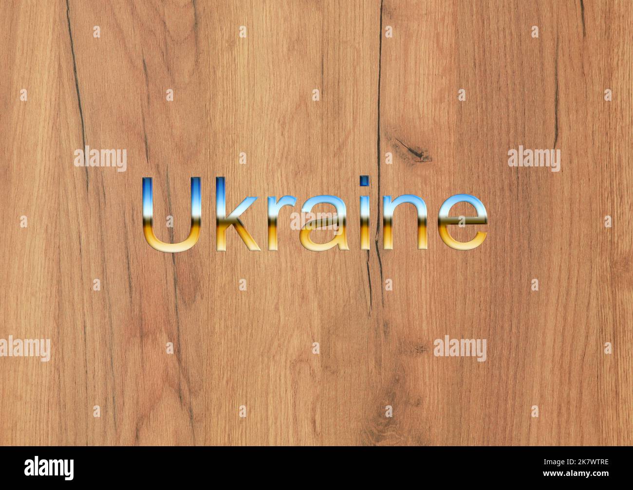 Inscription «Ukraine». Text in traditional style, is lying on wooden ...