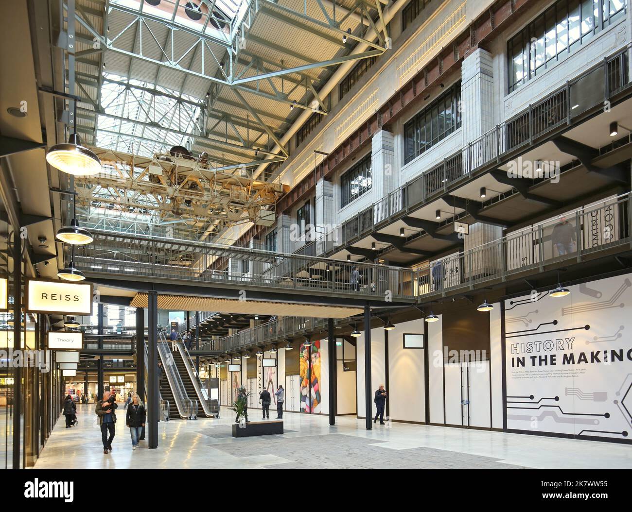 Interior view of Turbine Hall A in the newly refurbished Battersea Power Station, London, UK. Opened October 2022. Now contains bars, shops & cinemas. Stock Photo