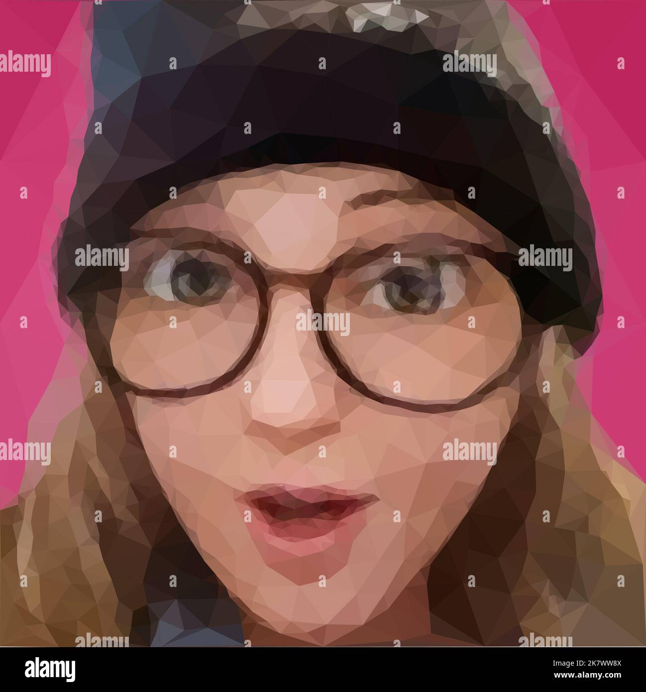Cartoon of a girl looking amazed. She wears glasses and a cap with sequins. Her mouth forms an O. Illustration vector in low poly art. Stock Vector