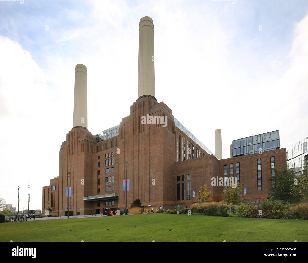 Exterior view of the newly opened Battersea Power Station redevelopment, London, UK. Opened October 2022. Shows riverside park and entrance. Stock Photo