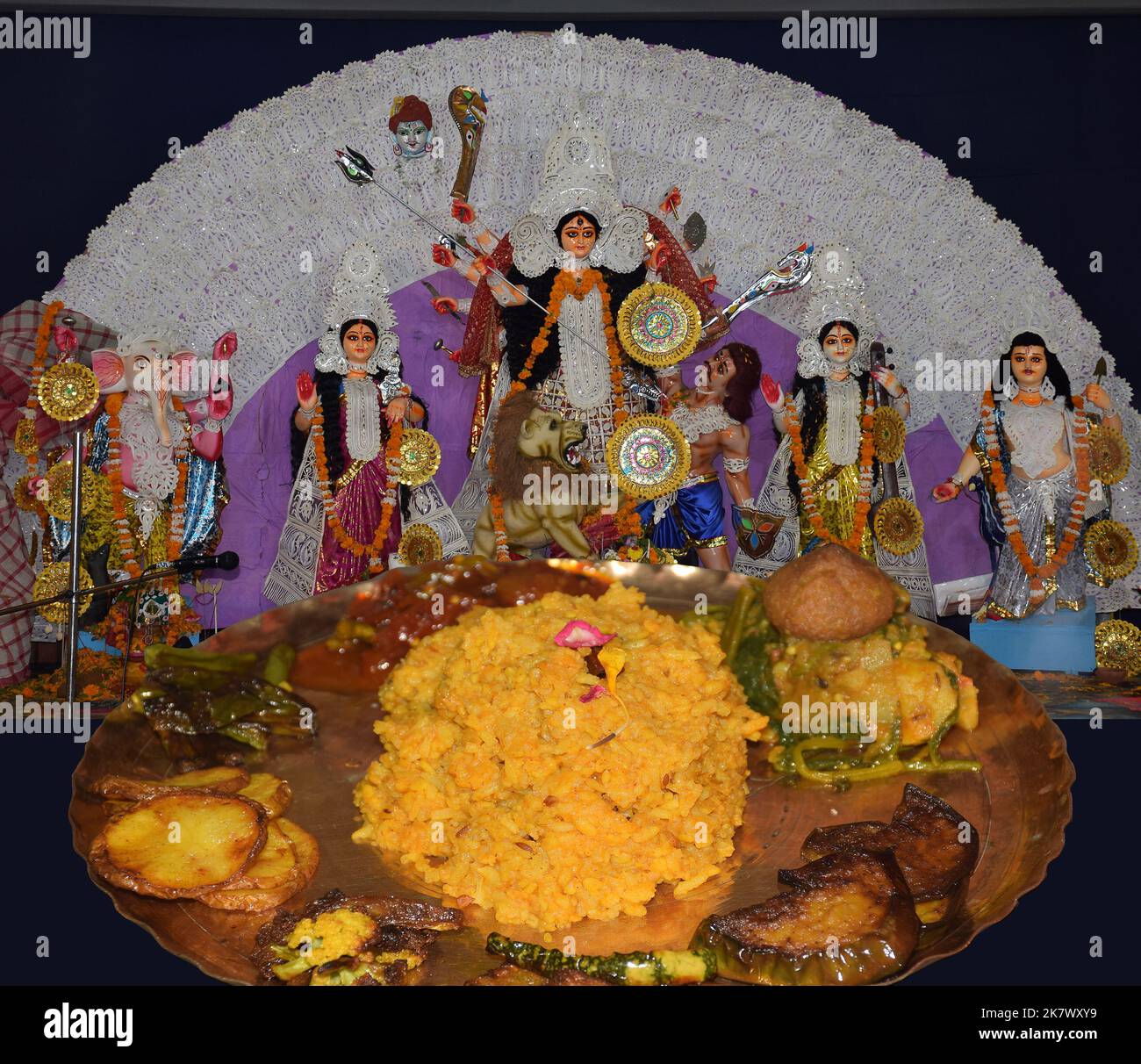 Bengali Durga Puja Bhog or Prasad made during Durga Pooja festival in India. Also known as Mool Bhog Stock Photo