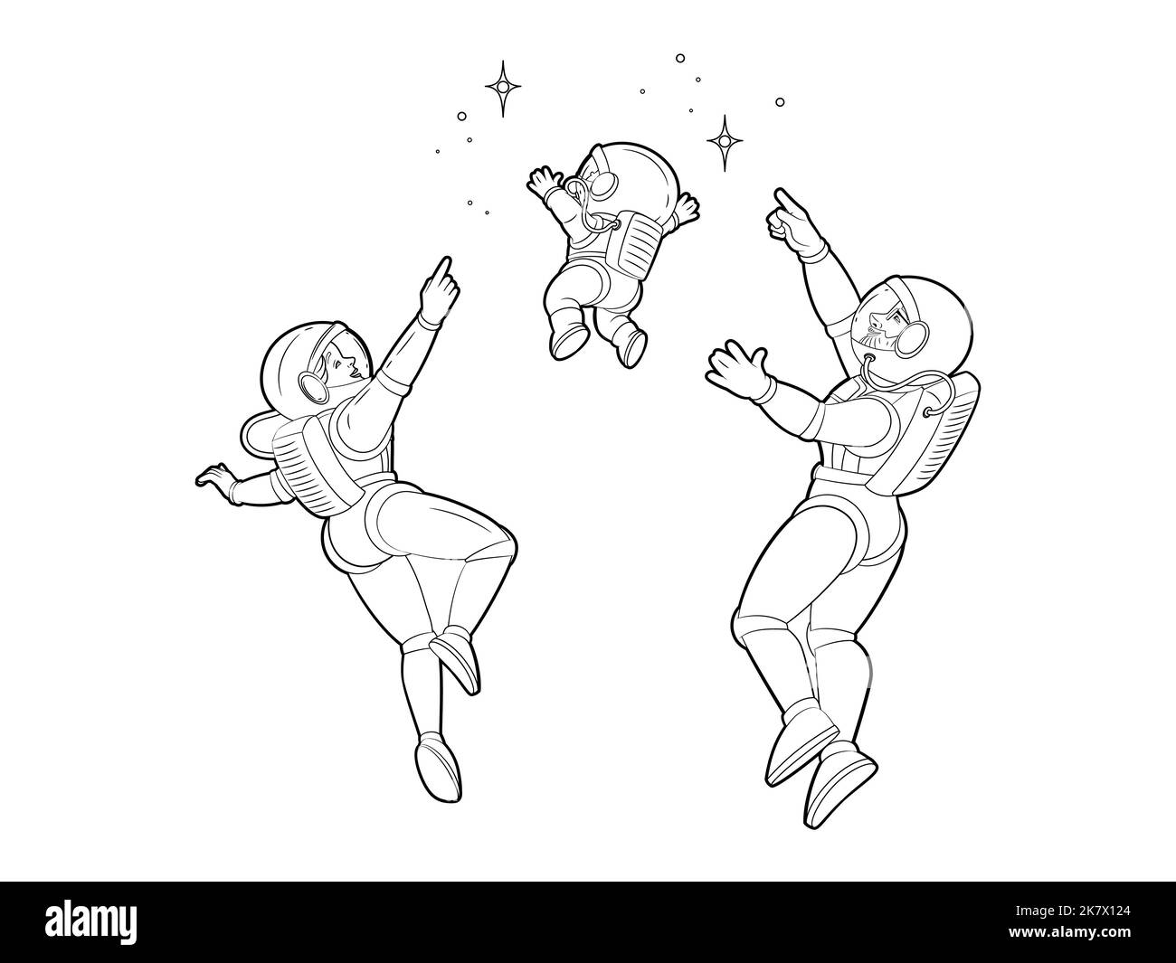 Coloring book. Happy family of astronauts, mom, dad, son point fingers at the constellations while hovering in space. Vector black and white Stock Vector