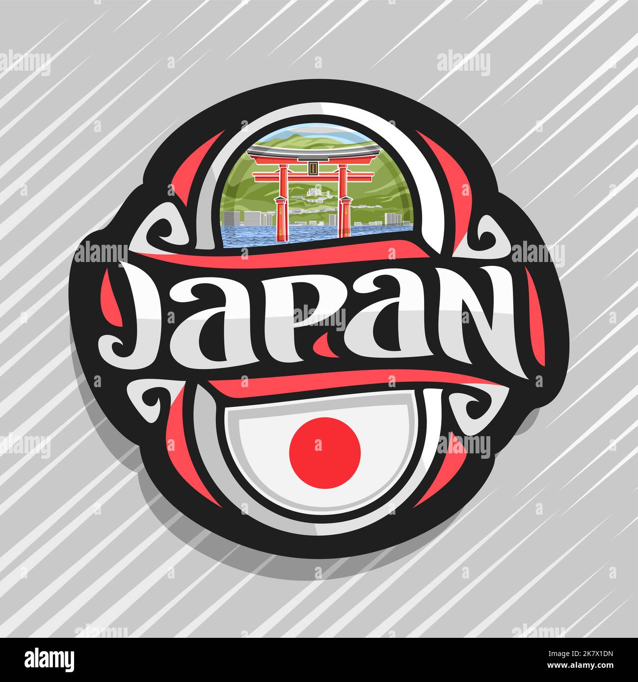 Vector logo for Japan country, fridge magnet with japanese state flag, original brush typeface for word japan and national japanese symbol - floating Stock Vector