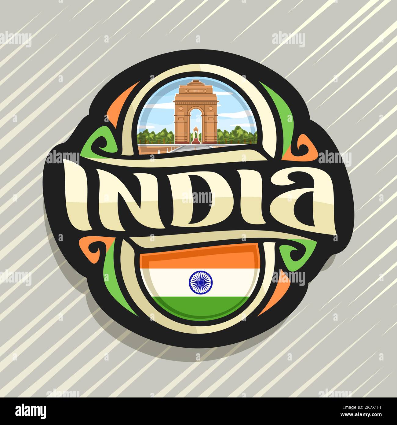 Vector logo for India country, fridge magnet with indian state flag for independence day, original brush typeface for word india and national indian s Stock Vector