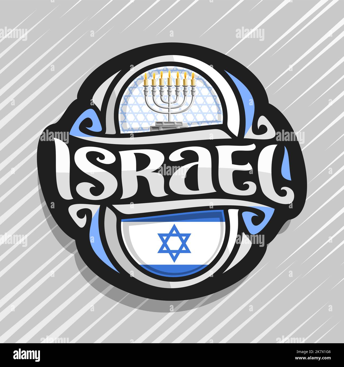 Vector logo for Israel country, fridge magnet with israeli state flag, original brush typeface for word israel and national jewish symbol - menorah wi Stock Vector