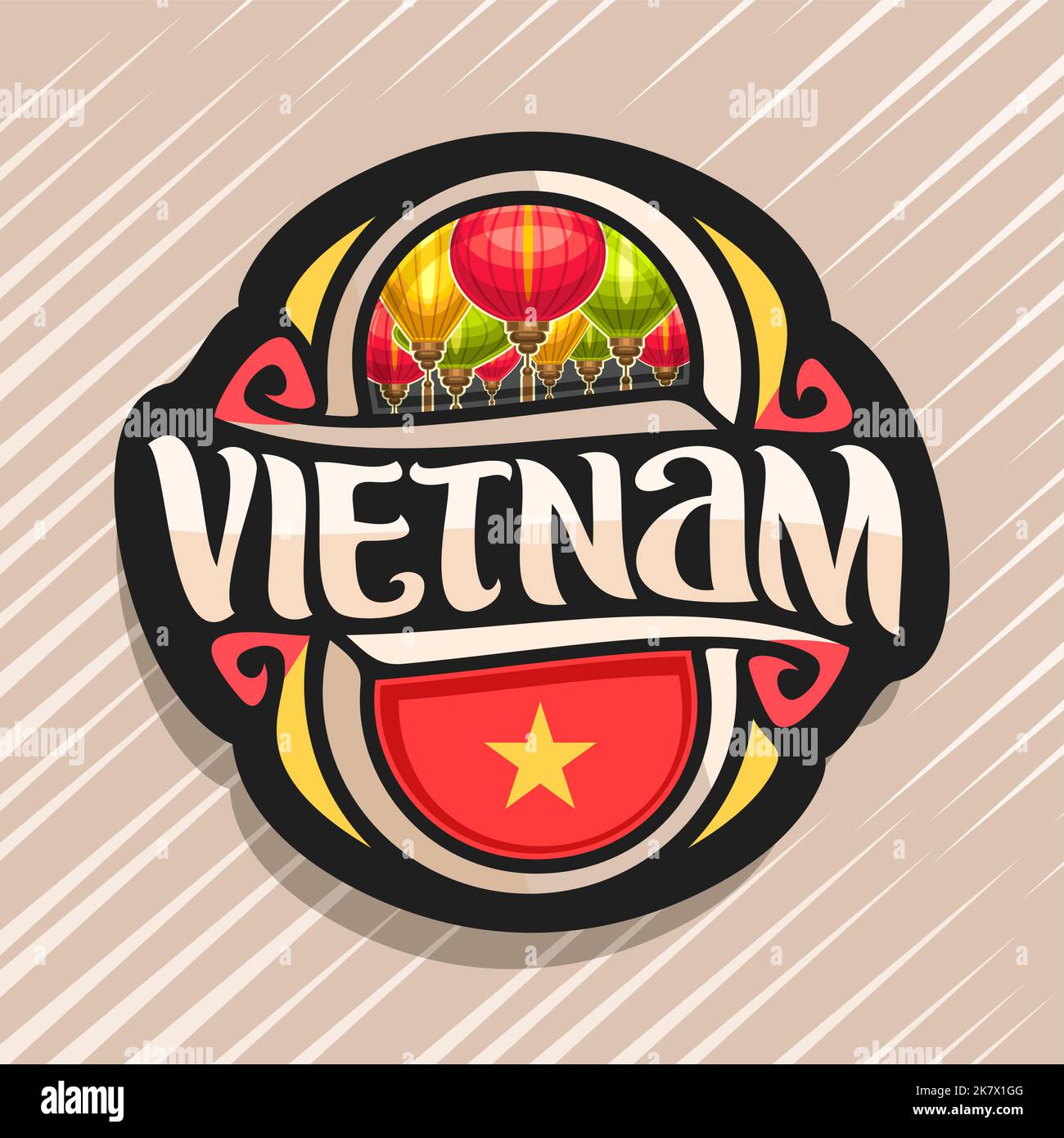 Vector logo for Vietnam country, fridge magnet with vietnamese state flag, original brush typeface for word vietnam and national vietnamese symbol - c Stock Vector