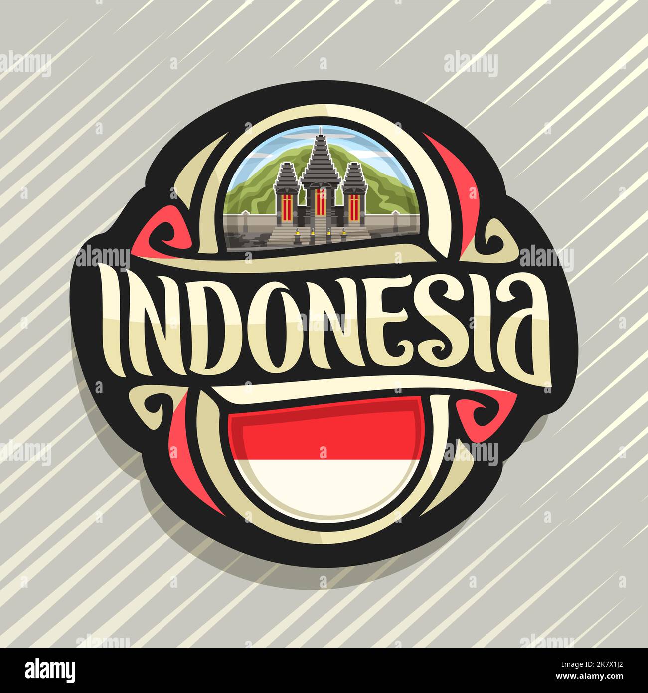 Vector logo for Indonesia country, fridge magnet with indonesian state flag, original brush typeface for word indonesia and national indonesian symbol Stock Vector